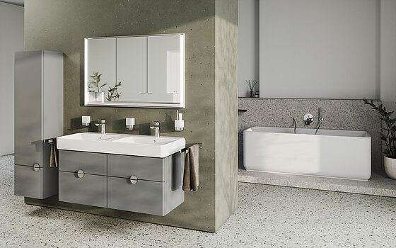 FOR Leano Bad Gesamtansicht Badewanne Monoblock Badmöbel Waschtischanlage Spiegelschrank